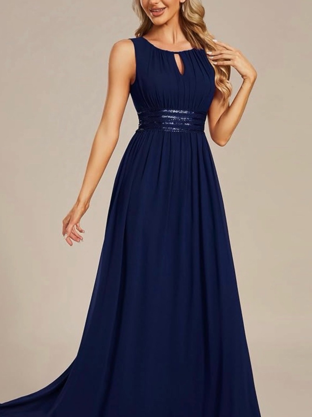 Amazon Navy Sleeveless Chiffon Prom Gown with Sequin Waistband - Picture 2 of 8